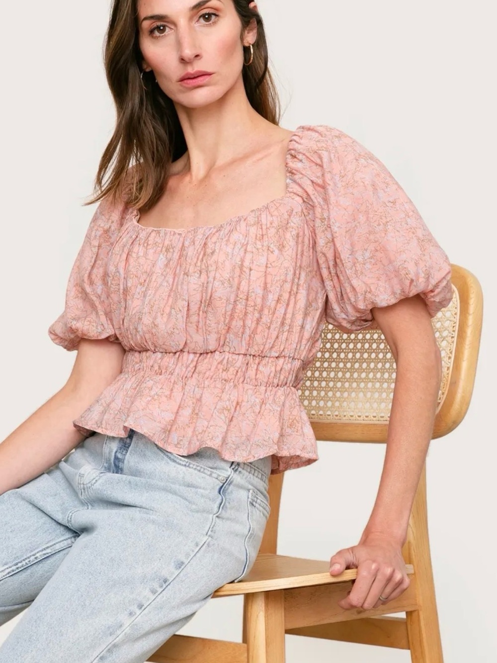Astr the label small Pink Floral elastic waist blouse puff sleeves cottage core
